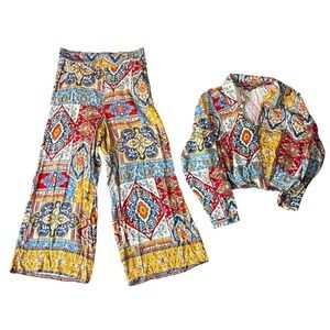 Haute‎ Hippie Style Top & Pants Set Patchwork Print Colorful Medium